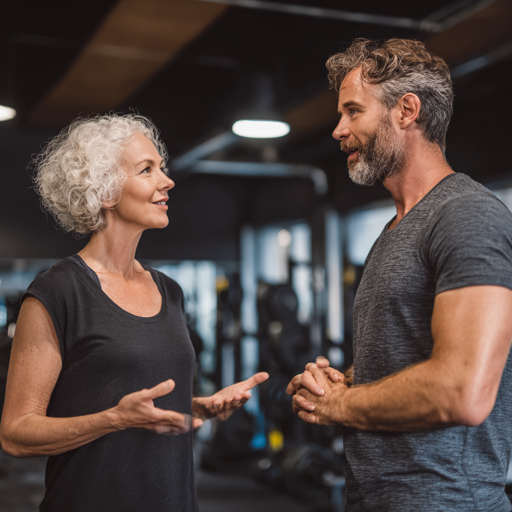 mature woman discussing fitness goals with personal trainer