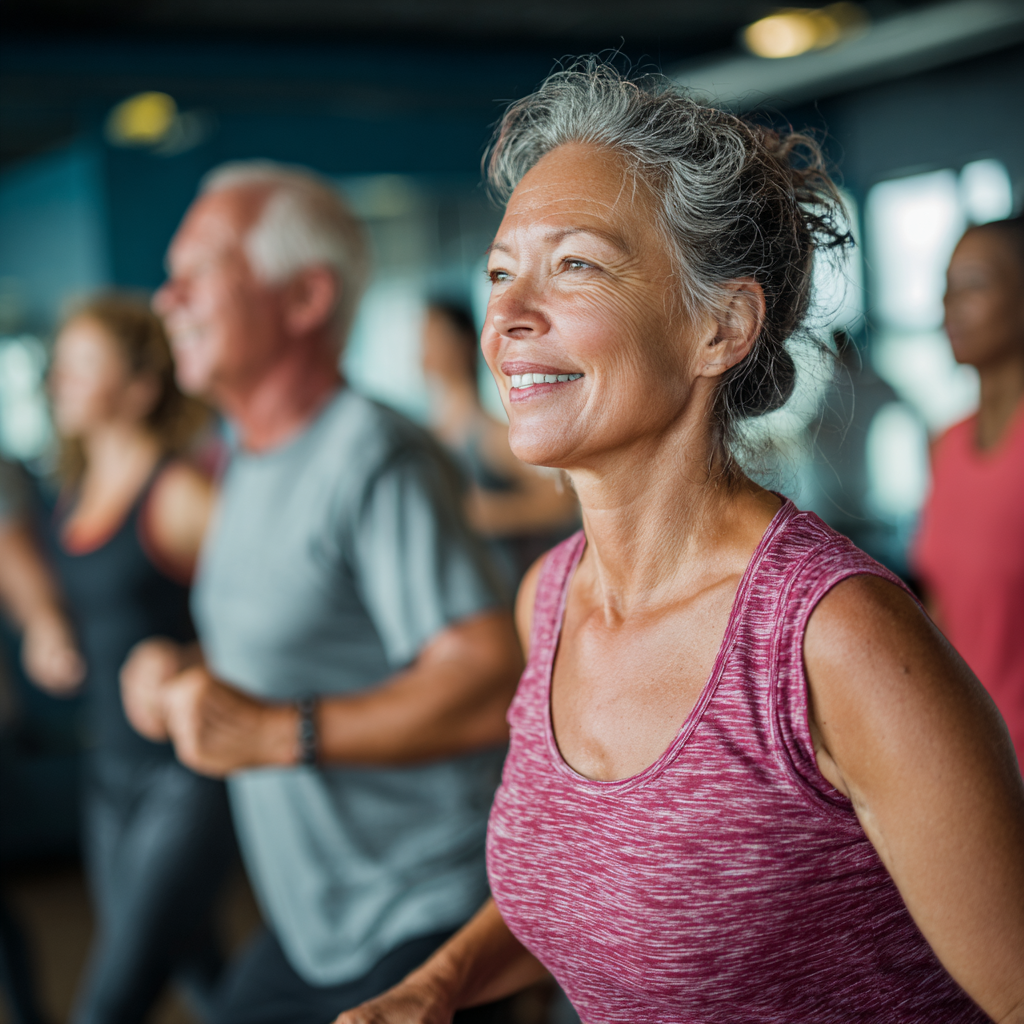 middle-aged adults participating in group fitness training session