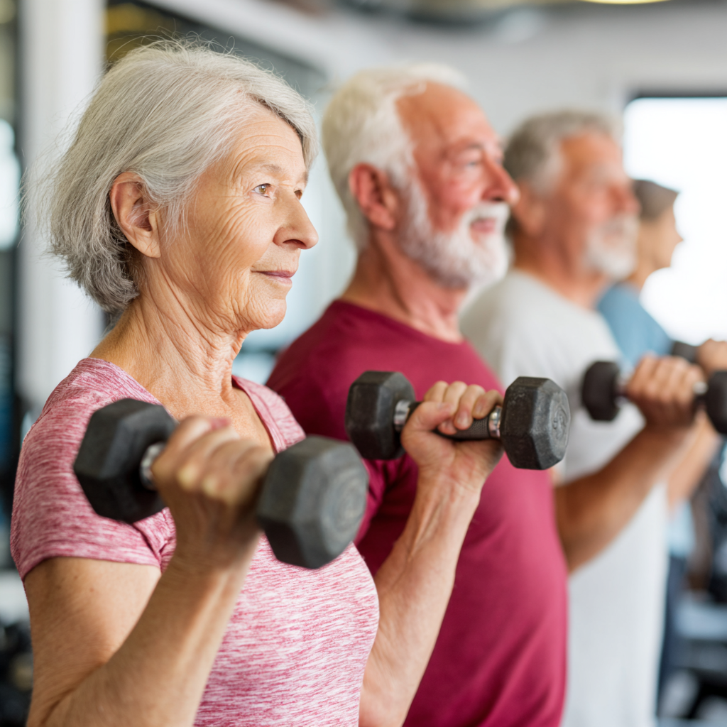 senior adults engaged in strength training with professional instructor